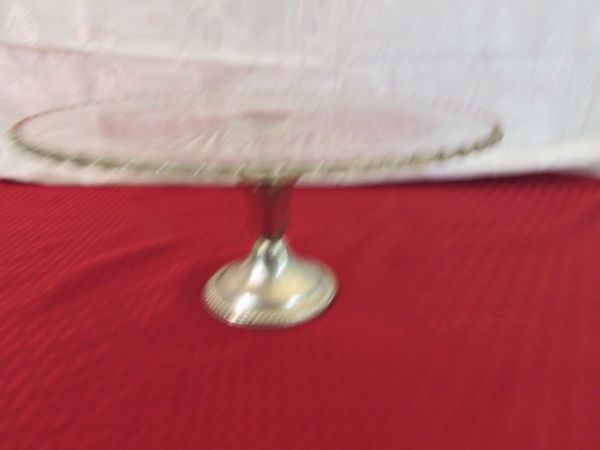 DEPRESSION GLASS CAKE STAND WITH SILVER BASE & CANDLEWICK EDGE