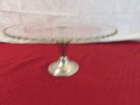 DEPRESSION GLASS CAKE STAND WITH SILVER BASE & CANDLEWICK EDGE