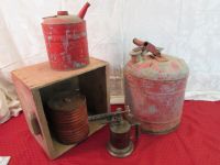 VINTAGE GAS CANS, TIN CAN, BRASS TORCH & WOODEN BOX