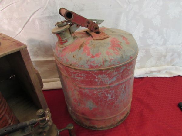 VINTAGE GAS CANS, TIN CAN, BRASS TORCH & WOODEN BOX