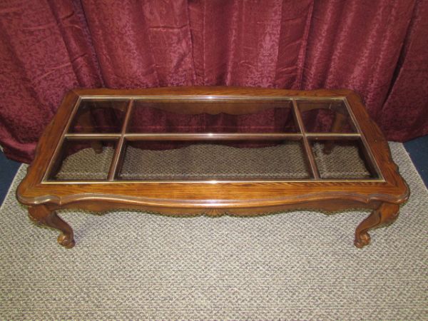 OAK COFFEE TABLE WITH BEVELED GLASS TOPS