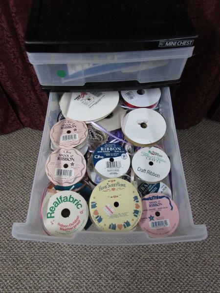 PLASTIC STORAGE DRAWERS WITH RIBBONS & CRAFT SUPPLIES