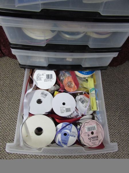 PLASTIC STORAGE DRAWERS WITH RIBBONS & CRAFT SUPPLIES