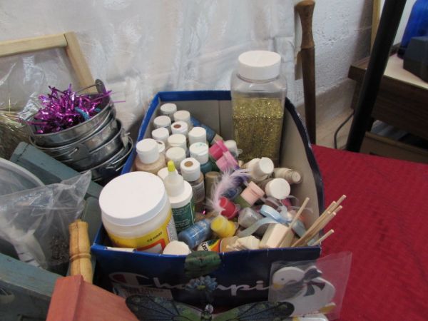 LARGE CRAFT LOT,  PAINTS, PATCHES, DOUBLE STICKY TAPE,  BOOKS