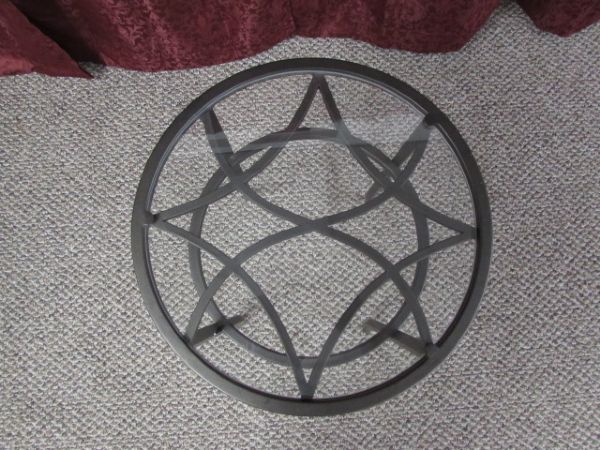 ROUND METAL WITH GLASS IRON SIDE TABLE  OR PLANT STAND