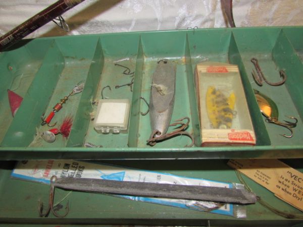 FISHING RODS, REEL, POLE HOLDERS, TACKLE BOX  & MORE