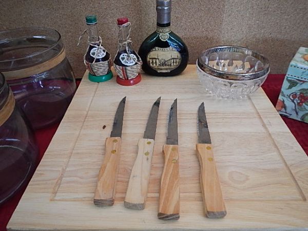 BOXED SET OF KNIVES UNUSED, VINTAGE SAUCE PANS, HOTPLATES, RECIPE BOX, WOOD BUTTERFLY BOX & MORE
