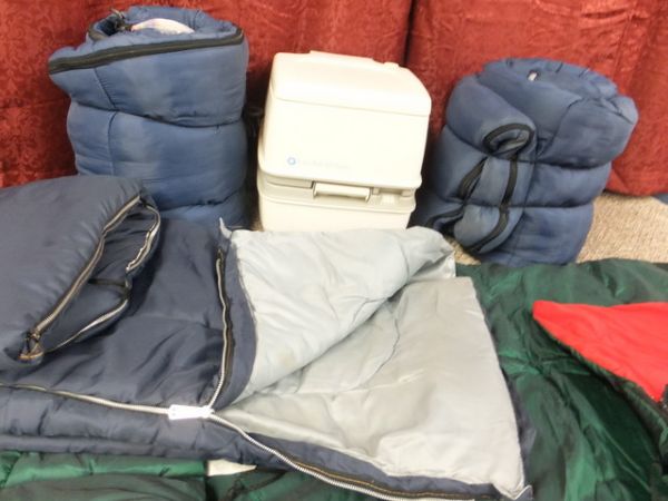 FOUR SLEEPING BAGS & A PORTABLE POTTY FOR RV'S & BOATS