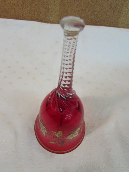 RUBY RED CRYSTAL BELL MATCHES DECANTER SET