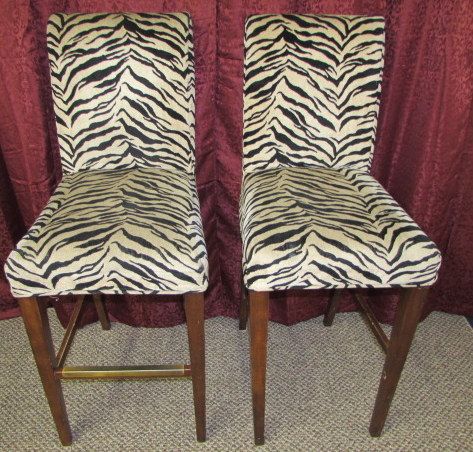 TALL, PLUSH, WOOD FRAMES, ZEBRA FABRIC UPHOLSTERED CHAIRS (TWO)