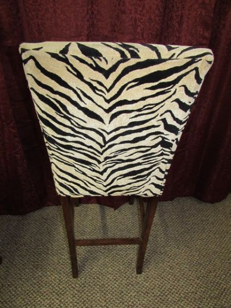TALL, PLUSH, WOOD FRAMES, ZEBRA FABRIC UPHOLSTERED CHAIRS (TWO)