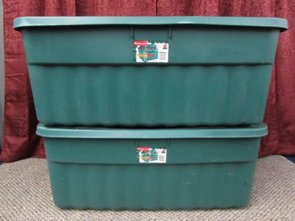 TWO 50 GALLON  GREEN RUBBER MAID ROUGH TOTES