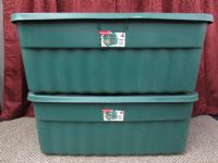 TWO 50 GALLON  GREEN RUBBER MAID ROUGH TOTES