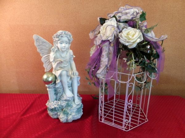 GARDEN FAIRY AND DECORATED BIRD CAGE