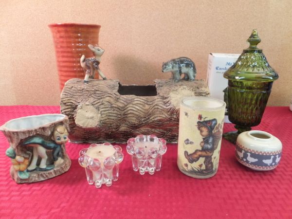 VINTAGE COLLECTIBLES LOG  WITH BEAR & FAWN, ELF, VASE & MORE