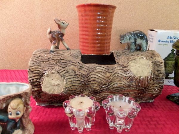 VINTAGE COLLECTIBLES LOG  WITH BEAR & FAWN, ELF, VASE & MORE