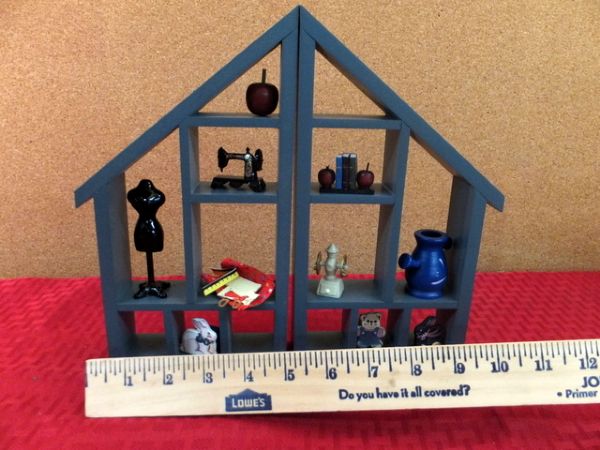 TWO PIECE MINIATURE DOLL HOUSE CURIO CABINET WITH KNICK KNACKS