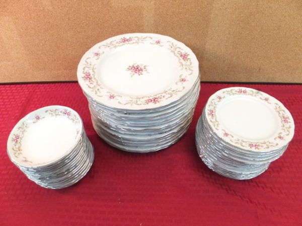 VINTAGE ROSE BAROQUE FINE CHINA DINNER AND SALAD PLATES AND FRUIT BOWLS