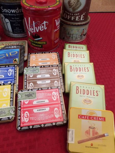VINTAGE TIN CANS & LOADS CIGARILLOS BOXES & TINS