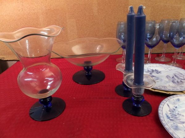 DEPRESSION GLASS CHERRY BLOSSOM BOWL, GLASSWARE & STONEWARE SALAD PLATES, A MAGICAL FROG