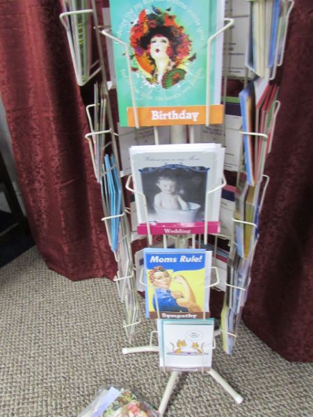 WHITE METAL  DISPLAY CARD RACK WITH CARDS