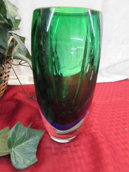 HEAVY BLUE & GREEN MURANNO VASE AND QUALITY SILK PLANT.