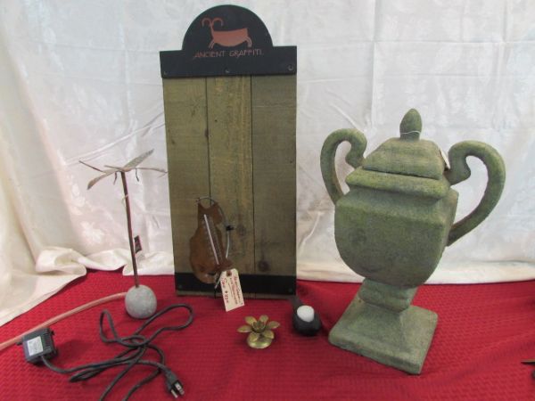 CAT THERMOMETER, DRAGON FLY FOUNTAIN, GARDEN URN . . .