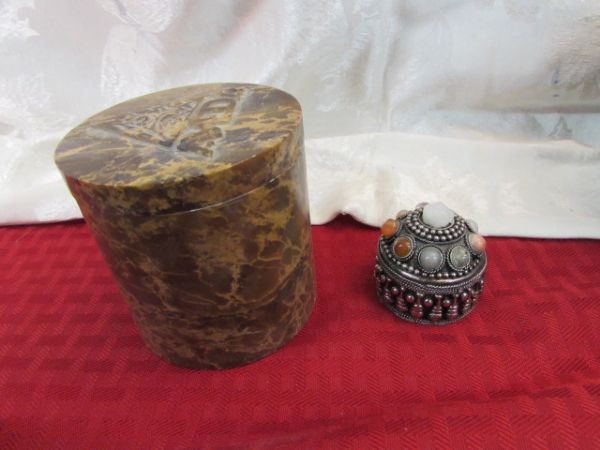 VINTAGE SOUTHERN PACIFIC RAILROAD TIN LUNCHBOX, HANDMADE SILVER RING BOX, HANDCARVED TREE MAN