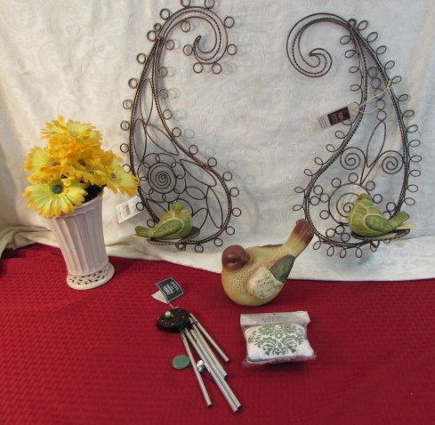 METAL SCULPTURE CANDLE HOLDERS, POTTERY BIRDS, WIND CHIMES . . .