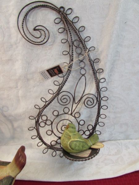 METAL SCULPTURE CANDLE HOLDERS, POTTERY BIRDS, WIND CHIMES . . .