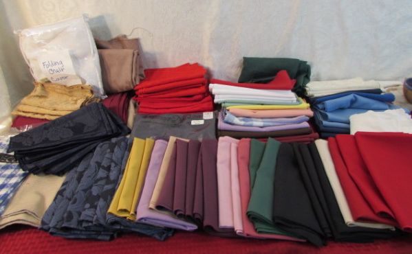 OVER 80 SOLID COLOR CLOTH NAPKINS, PLUS TABLECLOTHS, CHAIR COVER & PILLOW COVER