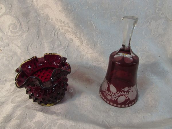 RED FOR VALENTINES DAY - ETCHED GLASS BELL & HOBNAIL RUFFLED DISH