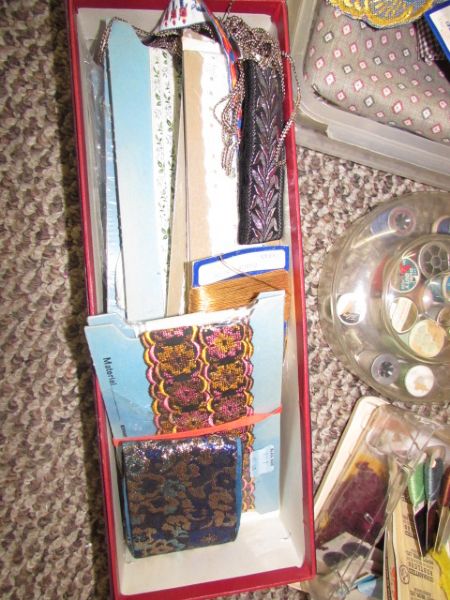 LARGE CHEST STUFFED WITH SEWING SUPPLIES, NOTIONS, ZIPPERS, LACE