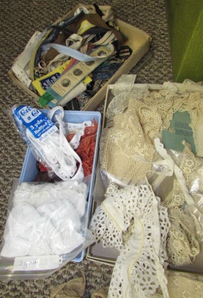 LARGE CHEST STUFFED WITH SEWING SUPPLIES, NOTIONS, ZIPPERS, LACE
