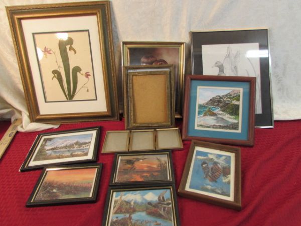 VARIOUS PIECES OF ART, A BEAUTIFUL FRAMED DRIED PLANT & VINTAGE FRAMES