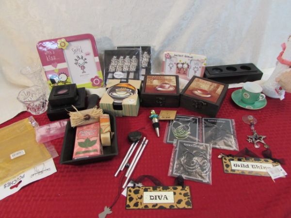 VARIETY OF NEAT ITEMS - GOAT SOAP, EARRINGS, WIND CHIMES, COASTERS, & MORE