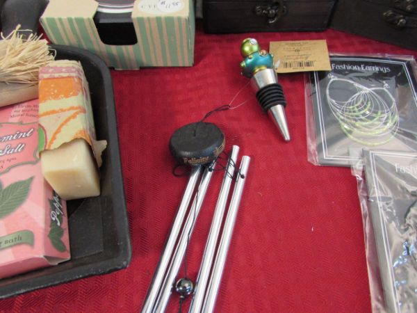 VARIETY OF NEAT ITEMS - GOAT SOAP, EARRINGS, WIND CHIMES, COASTERS, & MORE