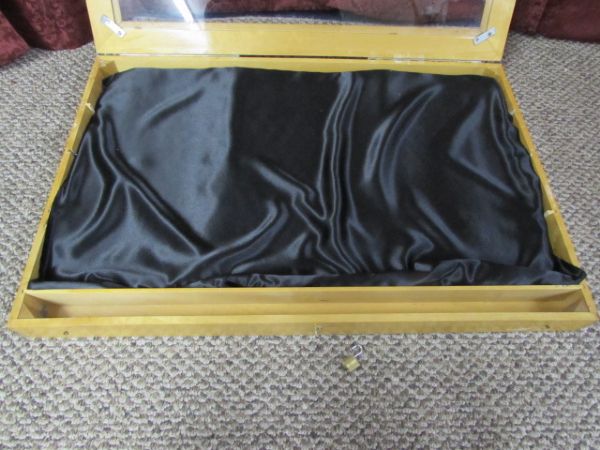 LARGE WOODEN DISPLAY CASE WITH GLASS TOP