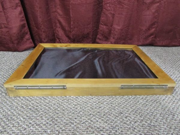 LARGE WOODEN DISPLAY CASE WITH GLASS TOP