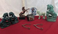 VARIETY HORSE FIGURINES, BOOKENDS AND SPURS
