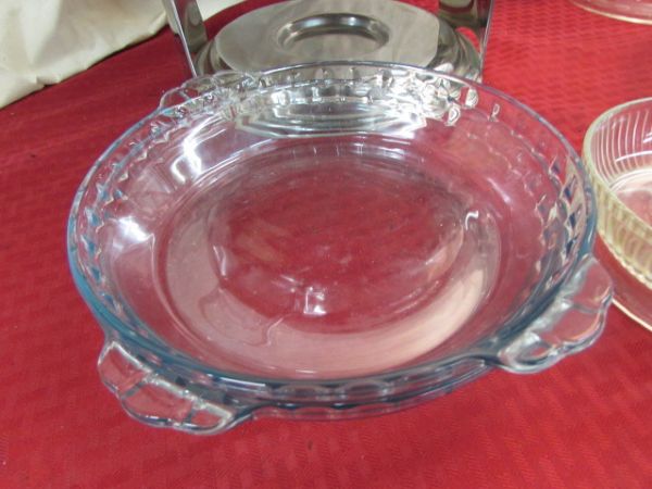 PYREX PIE PLATES, GLASS JUICER, CHAFING DISH & MORE.