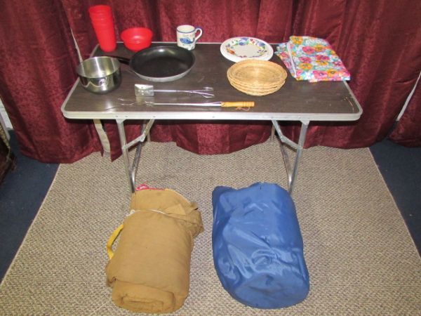 CAMPING LOT - FOLDING TABLE, SLEEPING BAGS & MORE