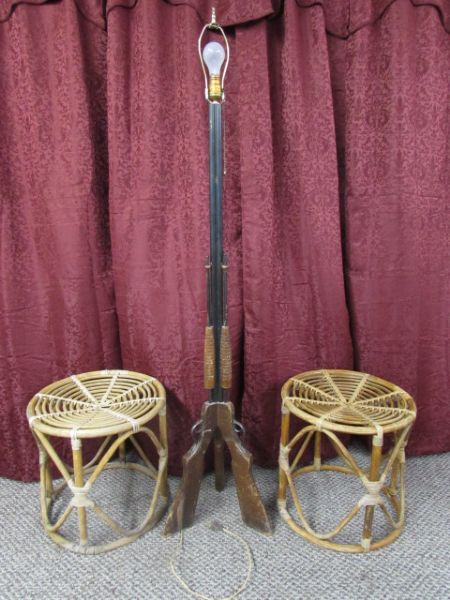 THREE RIFLES MAKE THIS A FUN FLOOR LAMP!  ALSO INCLUDES TWO WICKER STOOLS