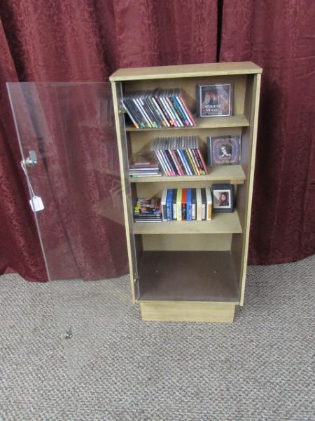 LOCKABLE DISPLAY CABINET WITH CD'S & 8 TRACKS