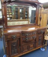 INCREDIBLE, ANTIQUE, CARVED VICTORIAN SIDEBOARD WITH TWO BEVELED MIRRORS