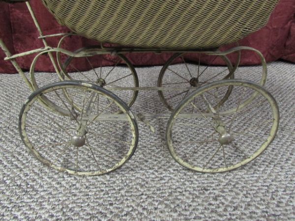 VINTAGE  WICKER DOLL CARRIAGE/STROLLER WITH METAL FRAME & WHEELS