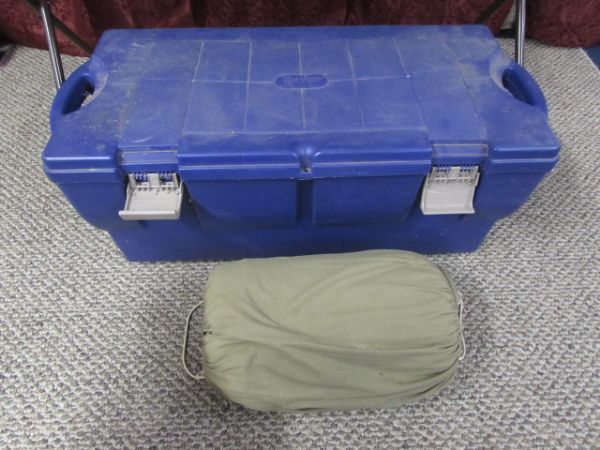 CAMPING GEAR, TRUNK, TABLE, STOVE PLUS MORE