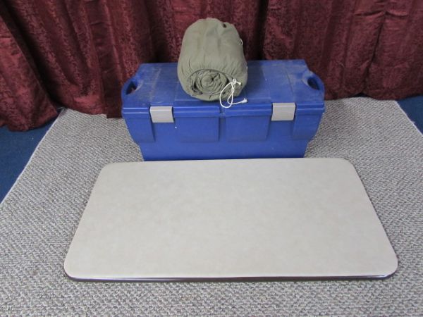 CAMPING GEAR, TRUNK, TABLE, STOVE PLUS MORE