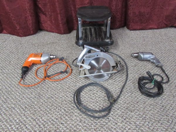 ELECTRIC DRILLS, SAW & ROLLING WORK STOOL