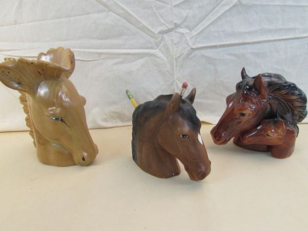 THREE VINTAGE HORSE SCULPTURES FOR FLOWERS,PENS OR ETC.